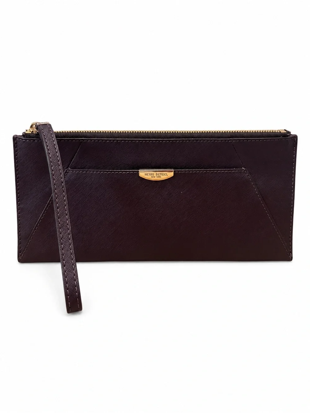 Henri Bendel Saffiano Leather Eggplant Purple Zip Clutch Wristlet